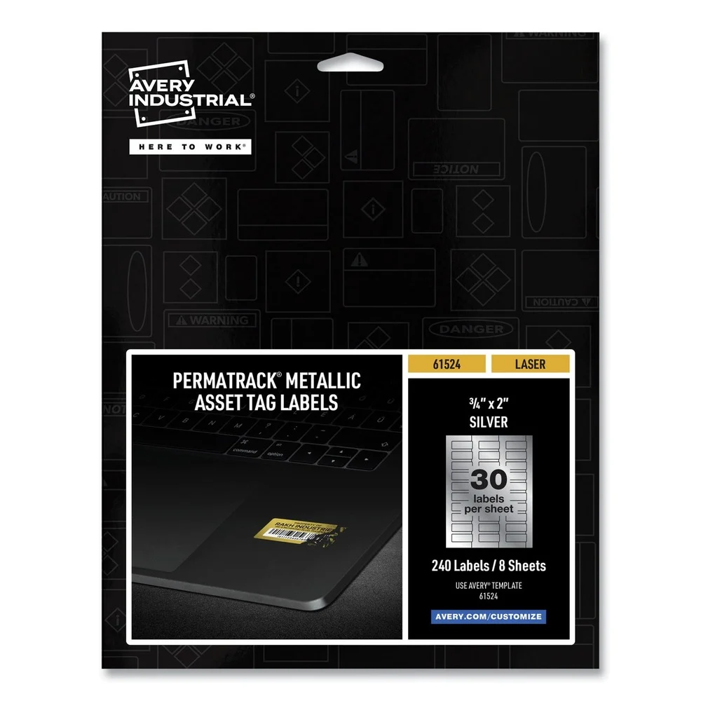 Avery 61524 PermaTrack 0.75 in. x 2 in. Laser Printers Asset Tag Labels - Metallic Silver (240/Pack)