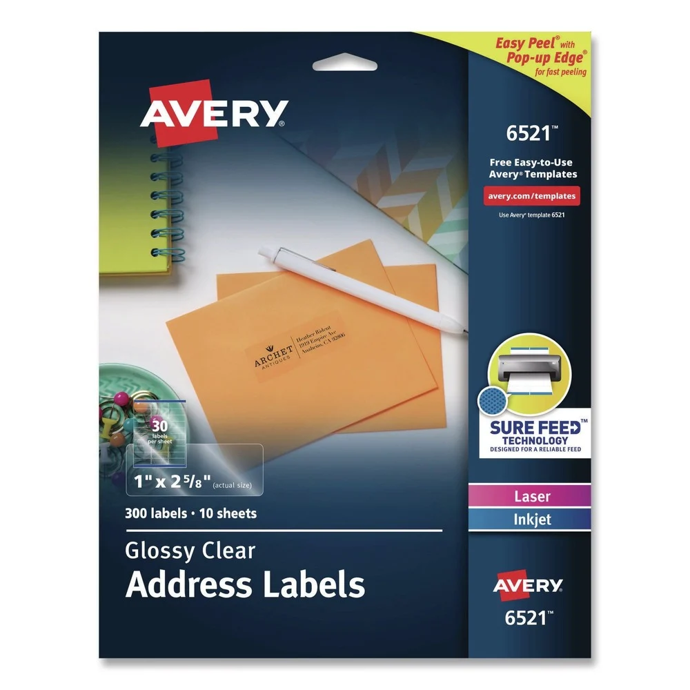 Avery Easy Peel 1 in. x 2.63 in. Inkjet/Laser Printers Mailing Labels with Sure Feed Technology - Glossy Clear (300/Pack)