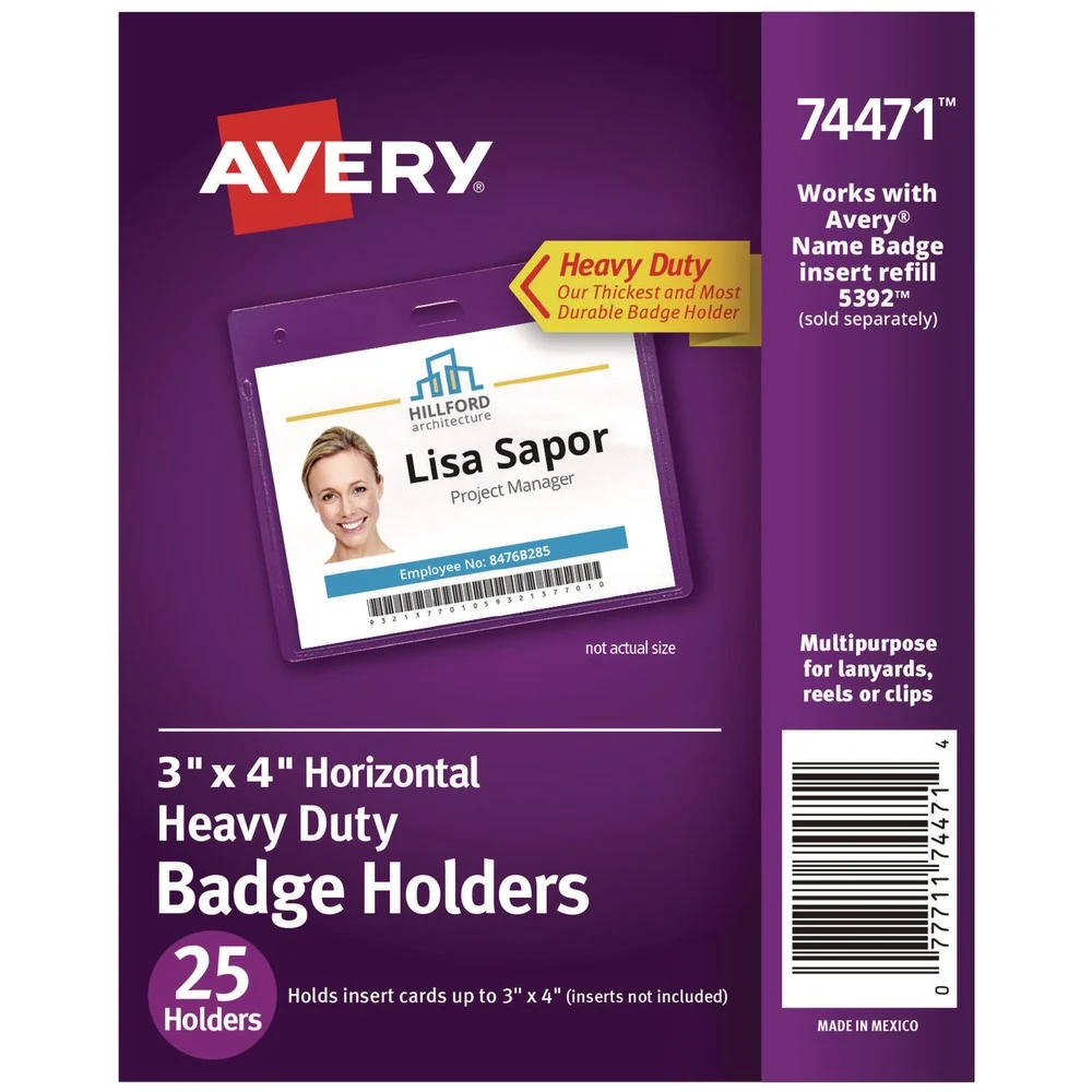 Avery 74471 4w x 3h Secure Top Heavy-Duty Horizontal Badge Holders - Clear (25/Pack)