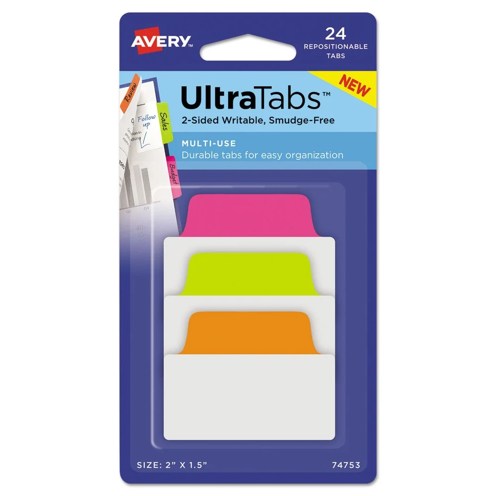 Avery 2 in. x 1.5 in. 1/5-Cut Standard Ultra Tabs Repositionable Tabs - Assorted Neon Colors (24/Pack)