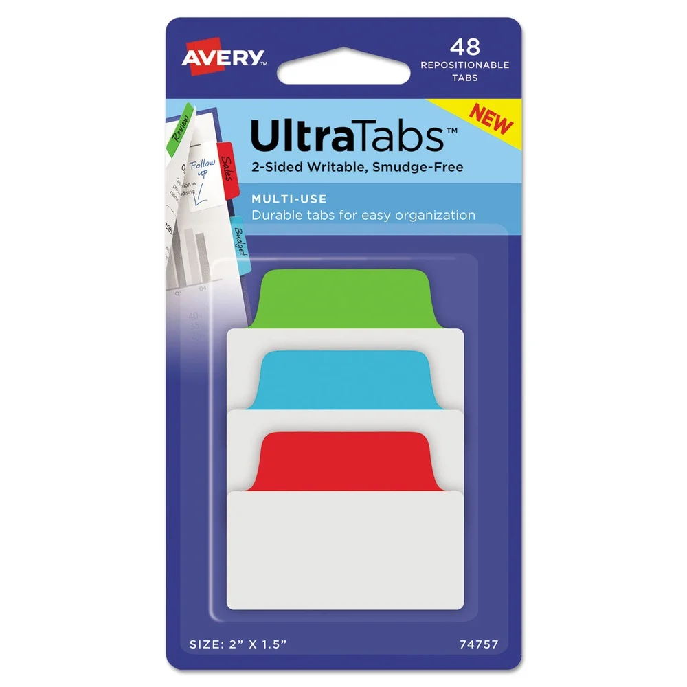 Avery 2 in. x 1.5 in. 1/5-Cut Standard Ultra Tabs Repositionable Tabs - Assorted Colors (48/Pack)