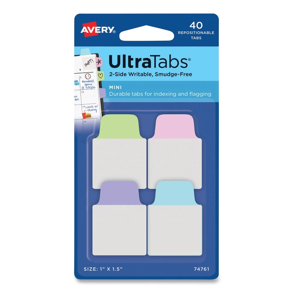 Avery Ultra Tabs 1 in. x 1.5 in. 1/5-Cut Repositionable Mini Tabs - Assorted Pastel (40/Pack)