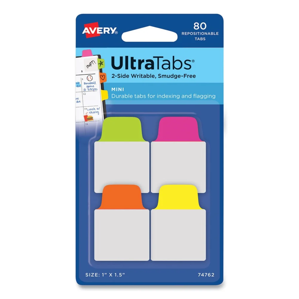 Avery 1 in. x 1.5 in. 1/5-Cut Ultra Tabs Repositionable Tabs - Assorted Neon Colors (80/Pack)