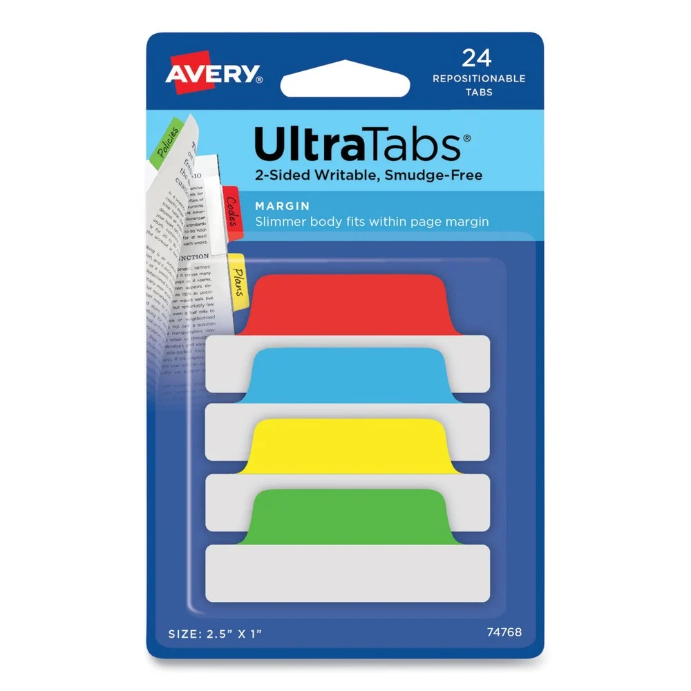 Avery 2.5 in. x 1 in. 1/5-Cut Ultra Tabs Repositionable Tabs - Assorted Colors (24/Pack)