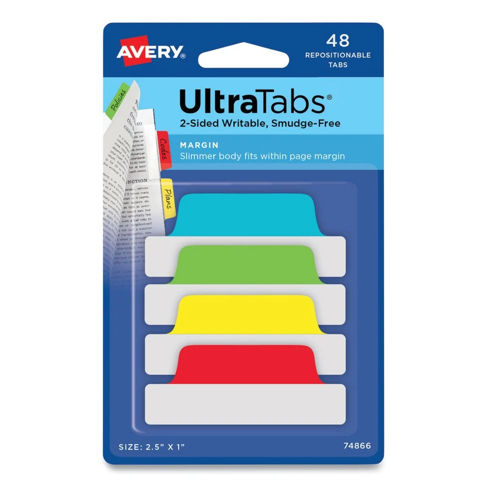 Avery 2.5 in. x 1 in. 1/5-Cut Ultra Tabs Repositionable Tabs - Assorted Colors (48/Pack)