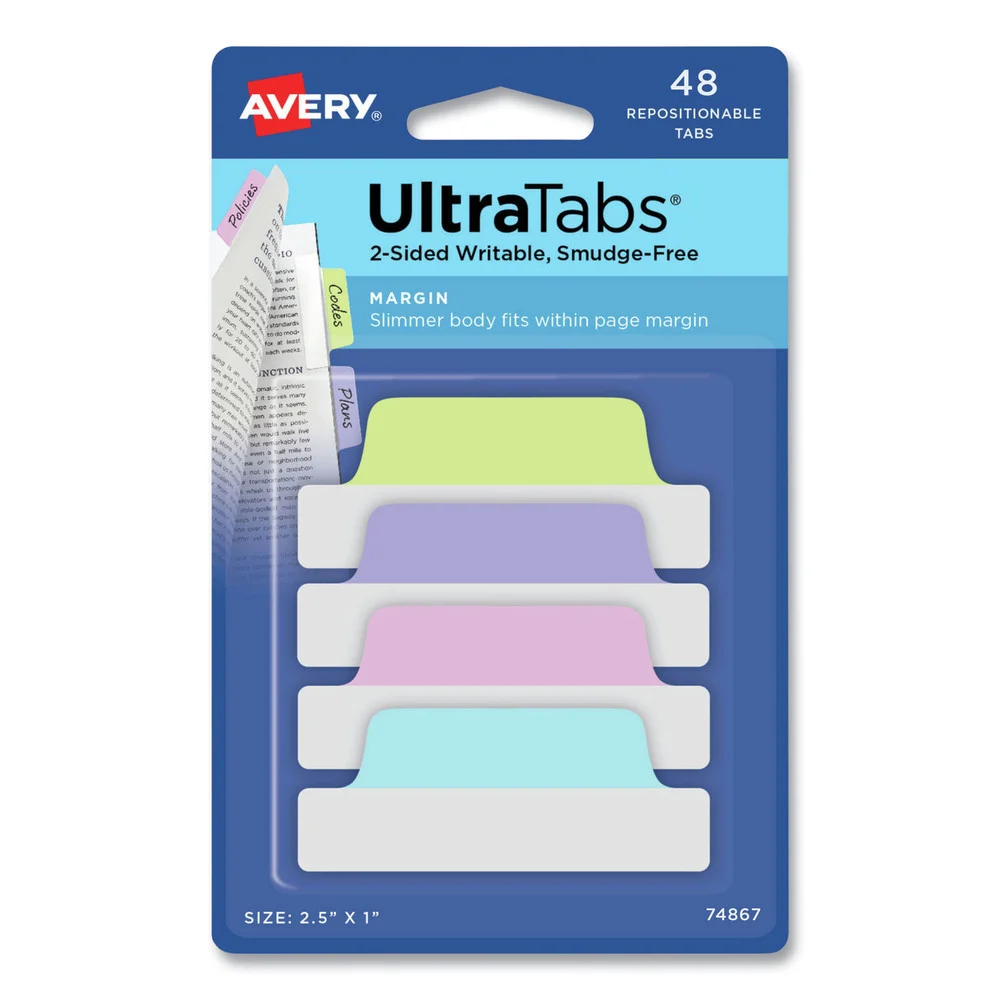 Avery 74867 2.5 in. x 1 in. 1/5-Cut Ultra Tabs Repositionable Tabs - Assorted Pastel Colors (48/Pack)