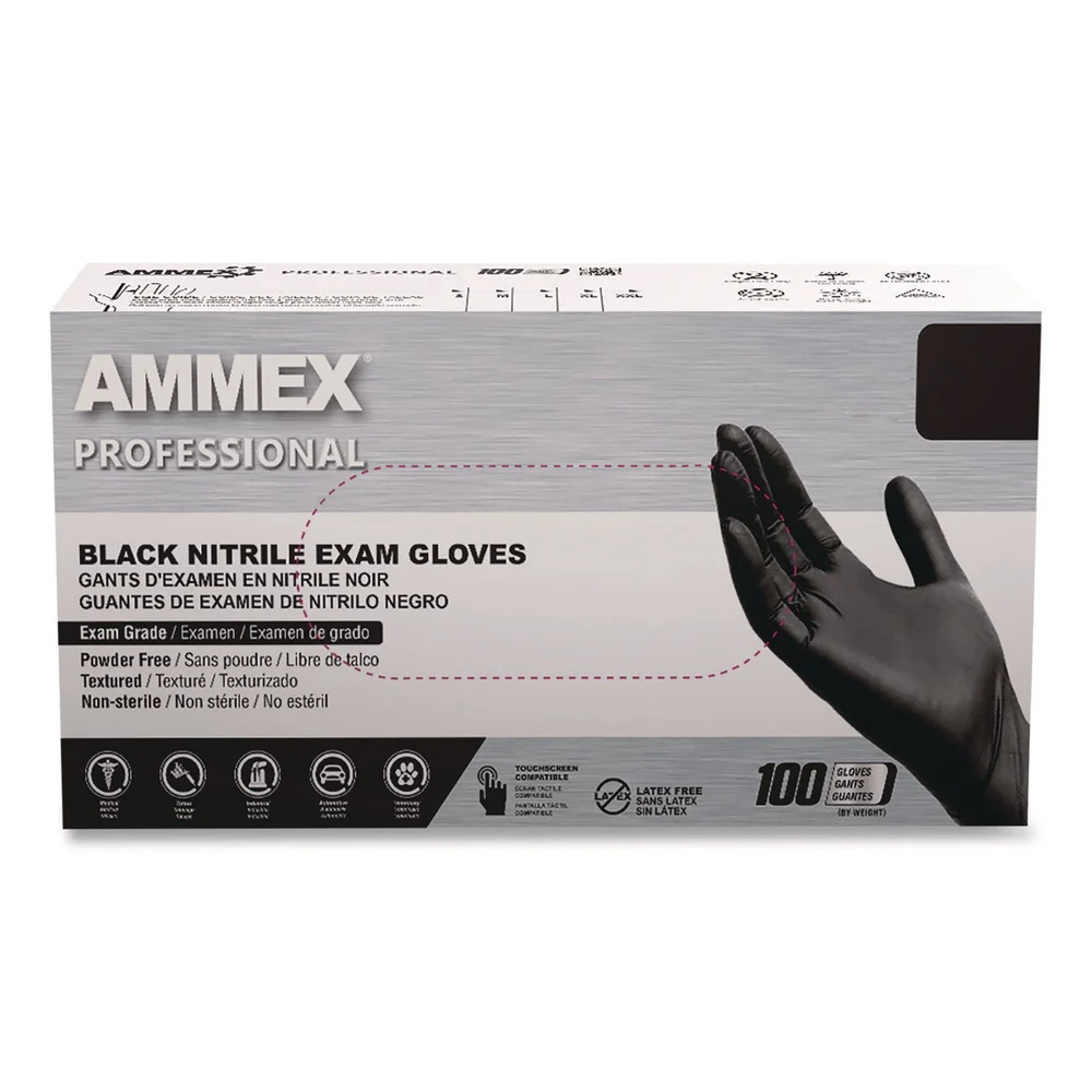 Ammex 3 mil Thick Powder-Free Nitrile Exam Gloves - Medium, Black (100/Box)
