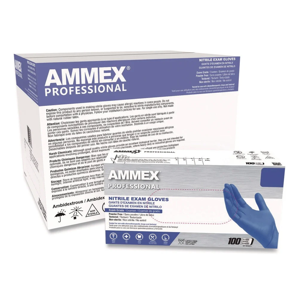 Ammex 9.5 in. Long 3 mil Thick Powder-Free Nitrile Exam Gloves - Large, Blue (1000/Carton)