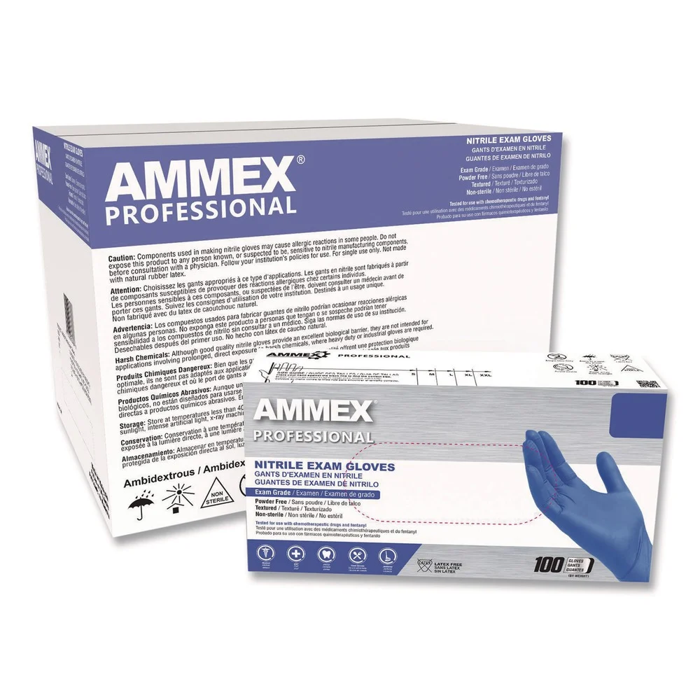 Ammex 9.5 in. Long 3 mil Thick Powder-Free Nitrile Exam Gloves - X-Large, Blue (1000/Carton)