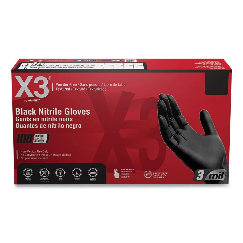 Ammex 9.5 in. Long 3 mil Powder-Free Industrial Nitrile Gloves - Small/Black (1000/Carton)