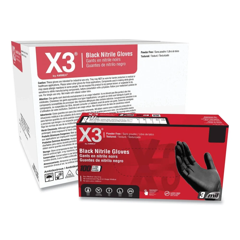 Ammex 9.5 in. Long 3 mil Powder-Free Industrial Nitrile Gloves - 2X-Large/Black (1000/Carton)