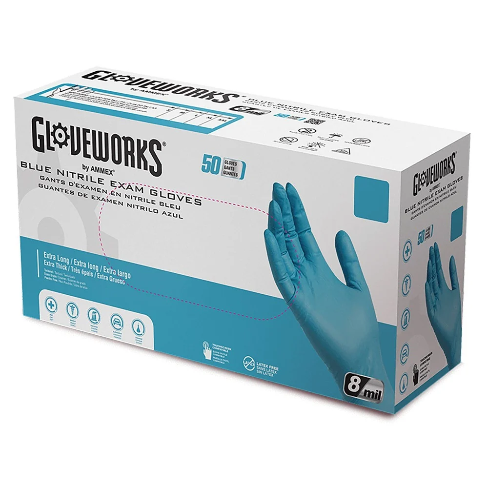 Ammex 8 mil Blue Powder-Free Nitrile Exam Gloves - X-Large, Blue (500/Carton)