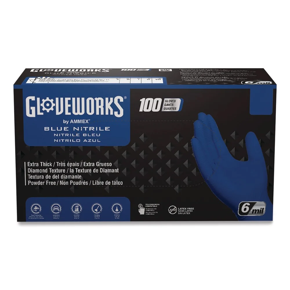 Ammex 9.5 in. 6 mil Heavy-Duty Industrial Nitrile Gloves - Large/Royal Blue (1000/Carton)