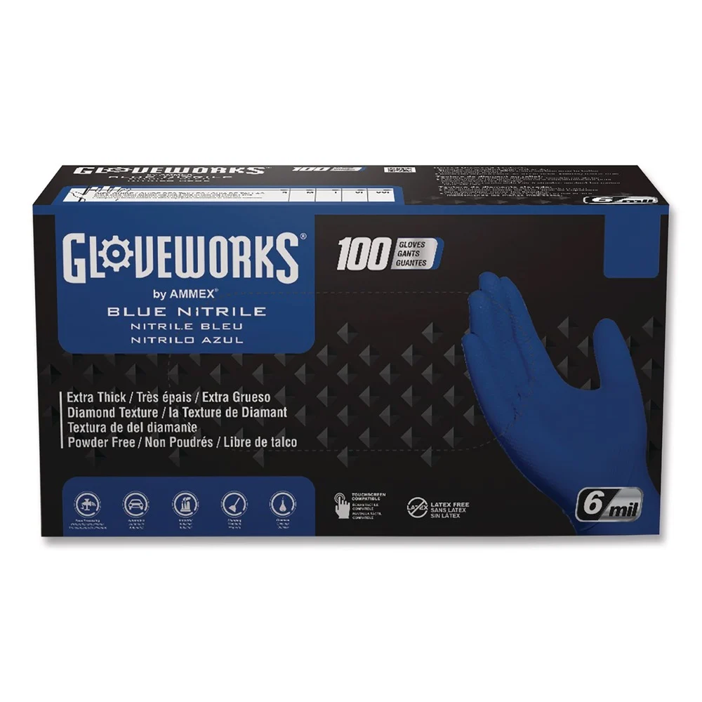 Ammex 9.5 in. 6 mil Heavy-Duty Industrial Nitrile Gloves - X-Large/Royal Blue (1000/Carton)