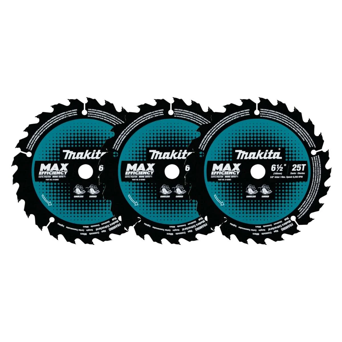 Makita B-62963 6-1/2" 25T Carbide-Tipped Max Efficiency Circular Saw Blade (3-Pack)