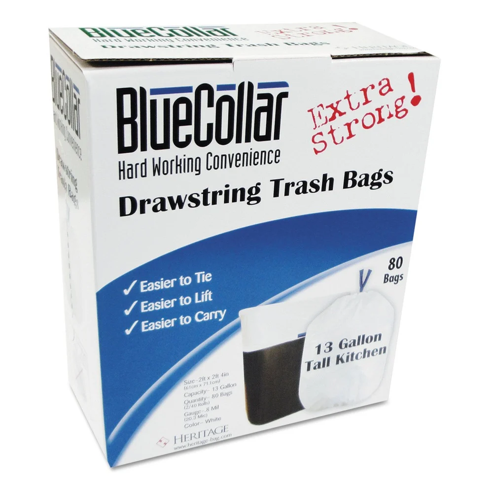 BlueCollar N4828EW RC1 24 in. x 28 in. 13 Gallon 0.8 mil Drawstring Trash Bags - White (80/Box)