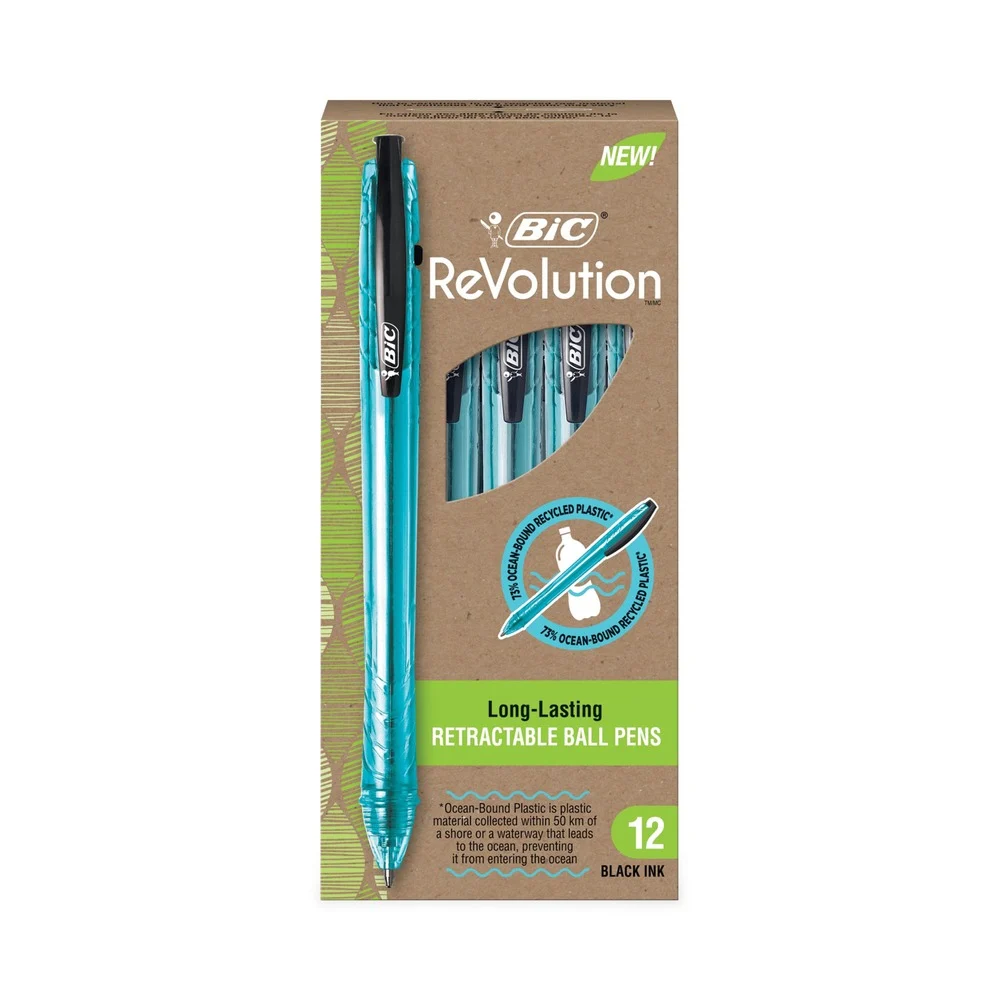 BIC ReVolution Ocean Bound Medium 1 millimeter Retractable Ballpoint Pen - Black Ink/Translucent Blue Barrel (1-Dozen)