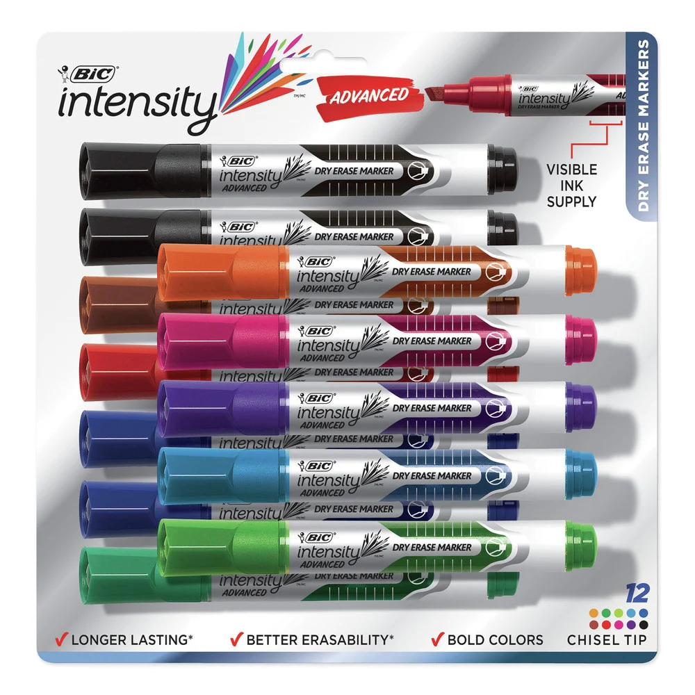 BIC Intensity Advanced Tank-Style Chisel Tip Dry Erase Marker - Broad/Assorted Colors (12/Set)