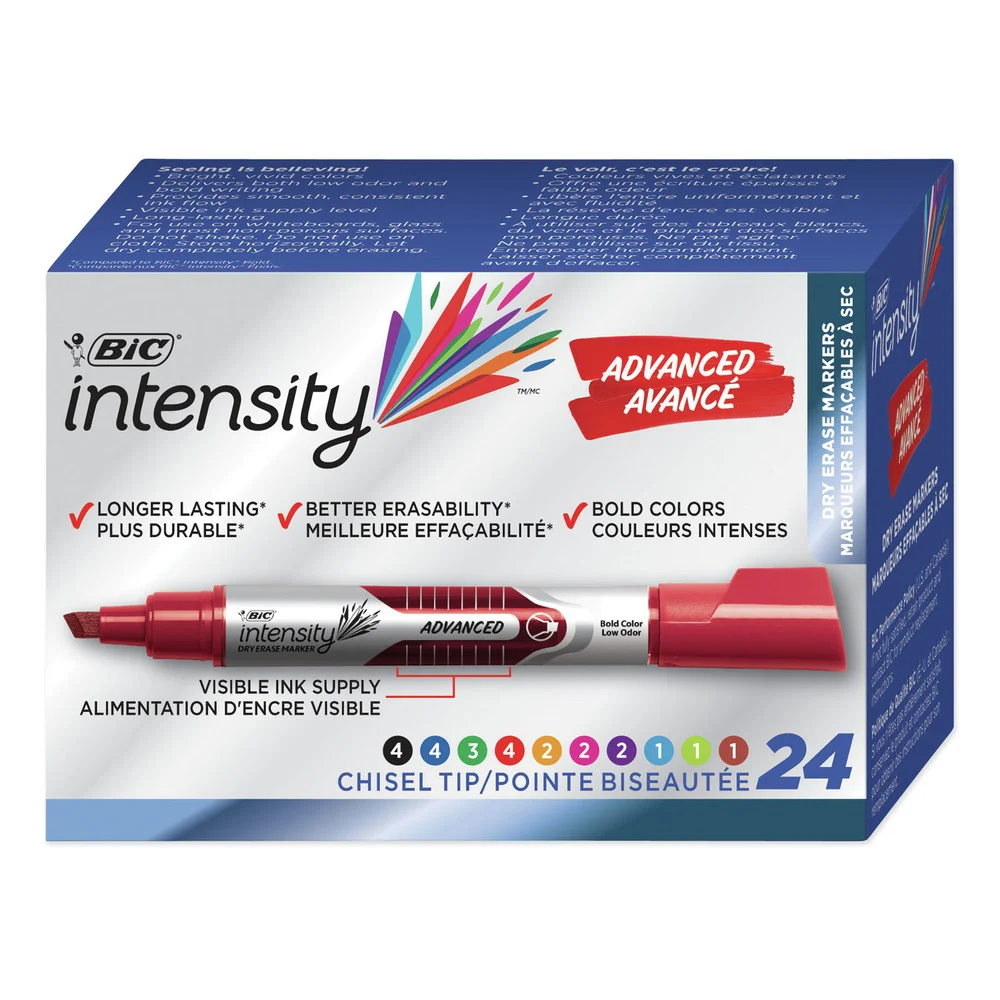 BIC Intensity Advanced Tank-Style Chisel Tip Dry Erase Marker - Broad/Assorted Colors (24/Pack)