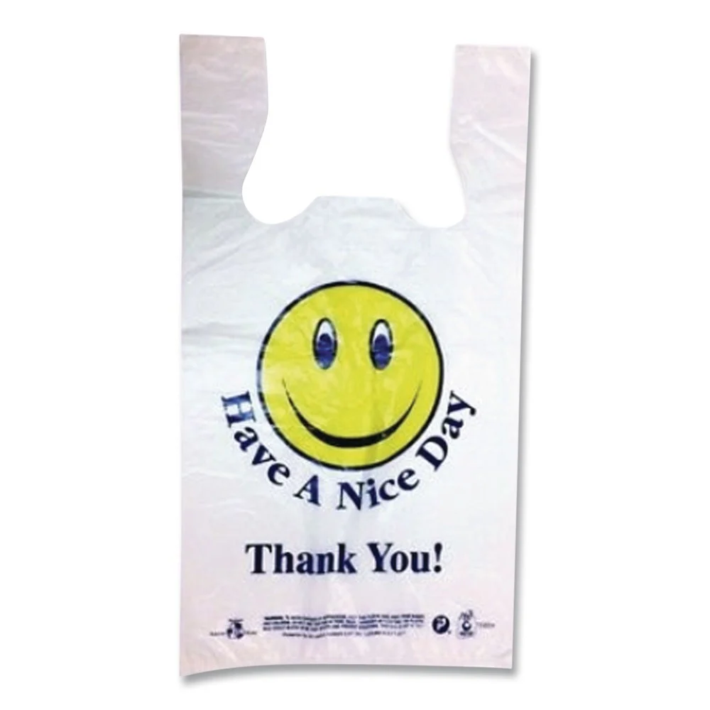 Barnes Paper Company 11.5 in. x 21 in. 12.5 microns Smiley Face Shopping Bags - White (900/Carton)