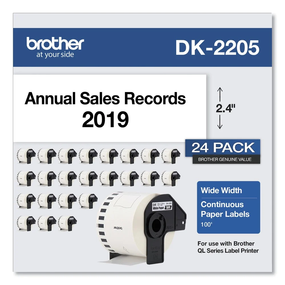 Brother 2.4 in. x 100 ft. Continuous Paper Label Tape - White (24/Pack)
