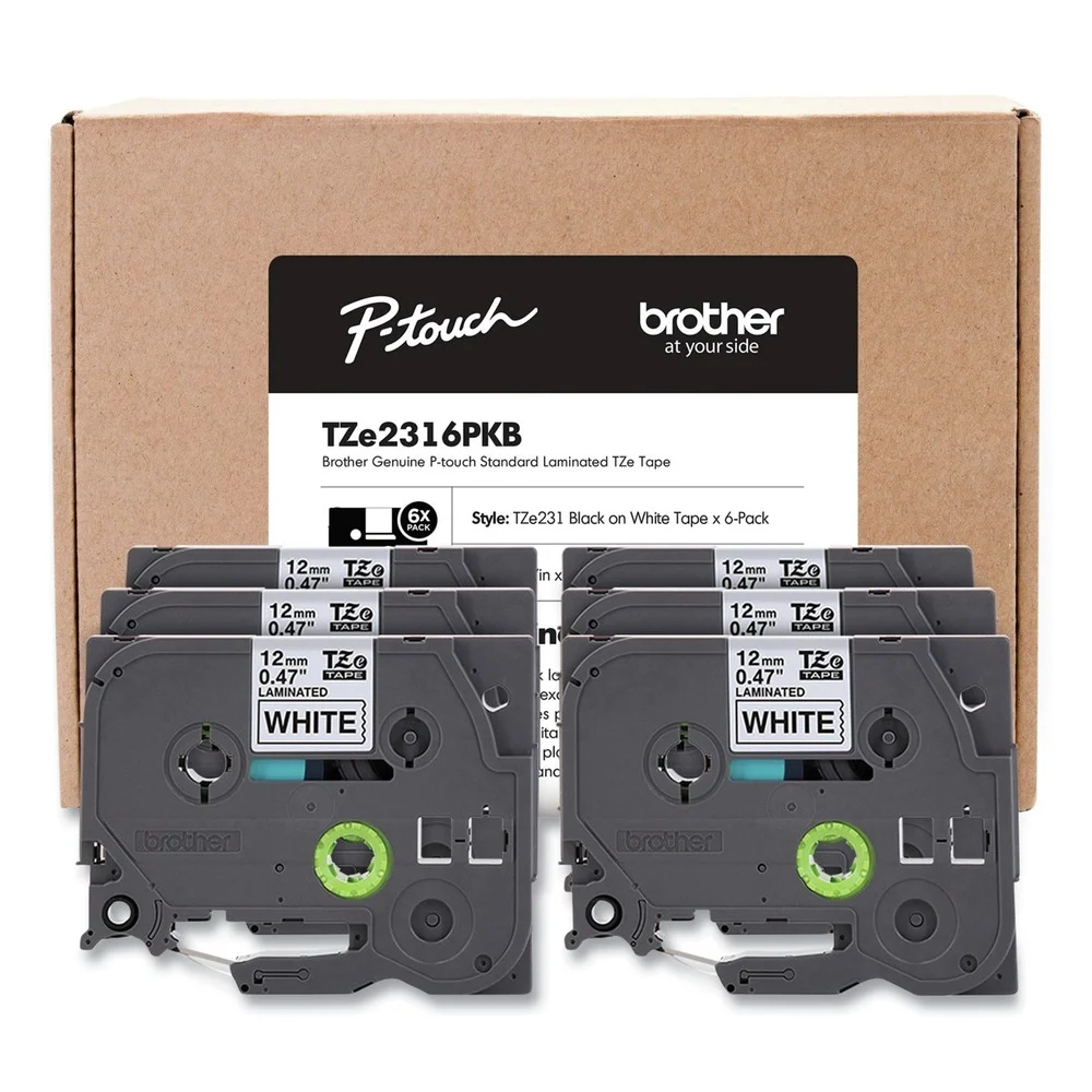 Brother P-Touch 0.5 in. TZe Series Standard Adhesive Laminated Labeling Tape - Black on White (6/Pack)