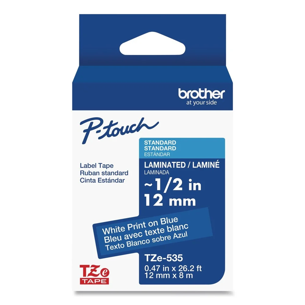 Brother P-Touch 0.47 in. x 26.2 ft. TZe Laminated Removable Label Tapes - White on Blue