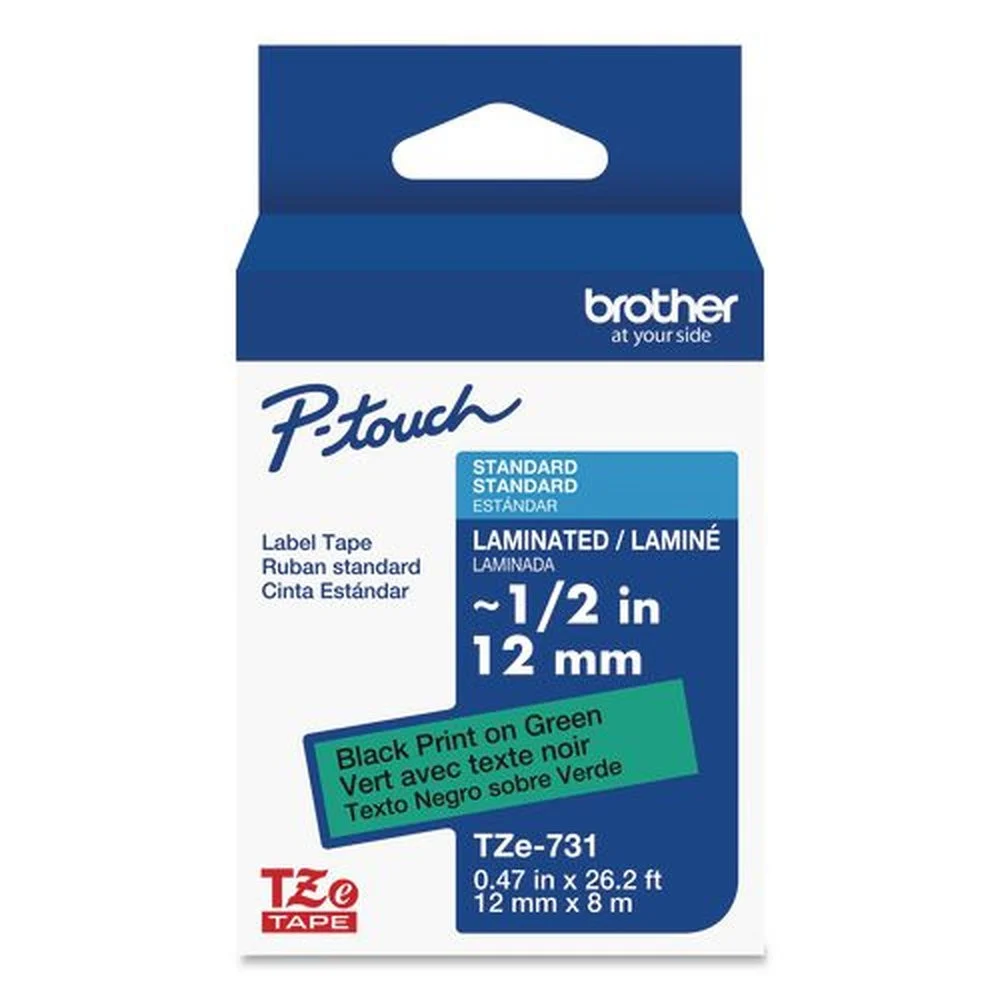 Brother P-Touch 0.47 in. x 26.2 ft. TZe Laminated Removable Label Tapes - Black on Green