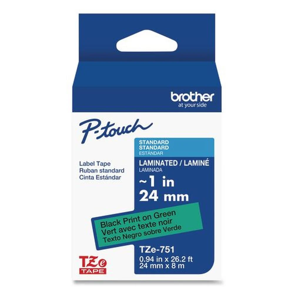 Brother P-Touch 0.94 in. x 26.2 ft. TZe Laminated Removable Label Tapes - Black on Green
