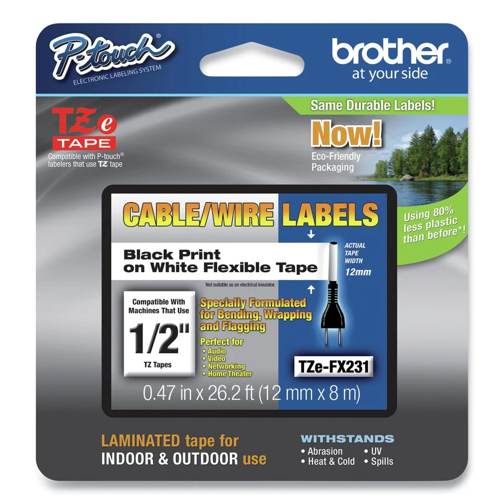 Brother P-Touch 0.47 in. x 26.2 ft. Flexible ID Tape - Black on White