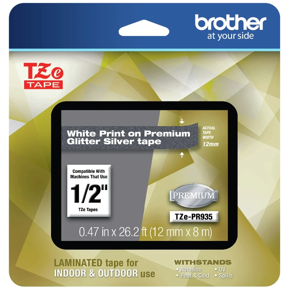 Brother TZEPR935 0.47 in. x 26.2 ft. TZe Premium Laminated Tape - White on Silver