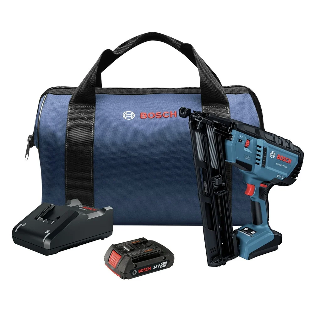 Factory Reconditioned Bosch 18V Brushless Lithium-Ion 15-Gauge Cordless Angled Finish Nailer Kit (2 Ah)