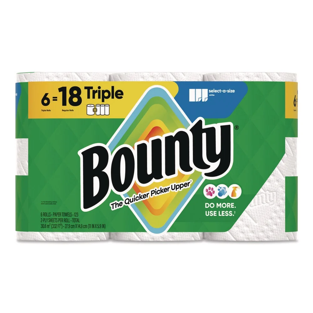Bounty Select-a-Size Kitchen Roll Paper Towels, 2-Ply, 5.9 x 11, White, 123 Sheets/Triple Roll, 6 Rolls/Carton