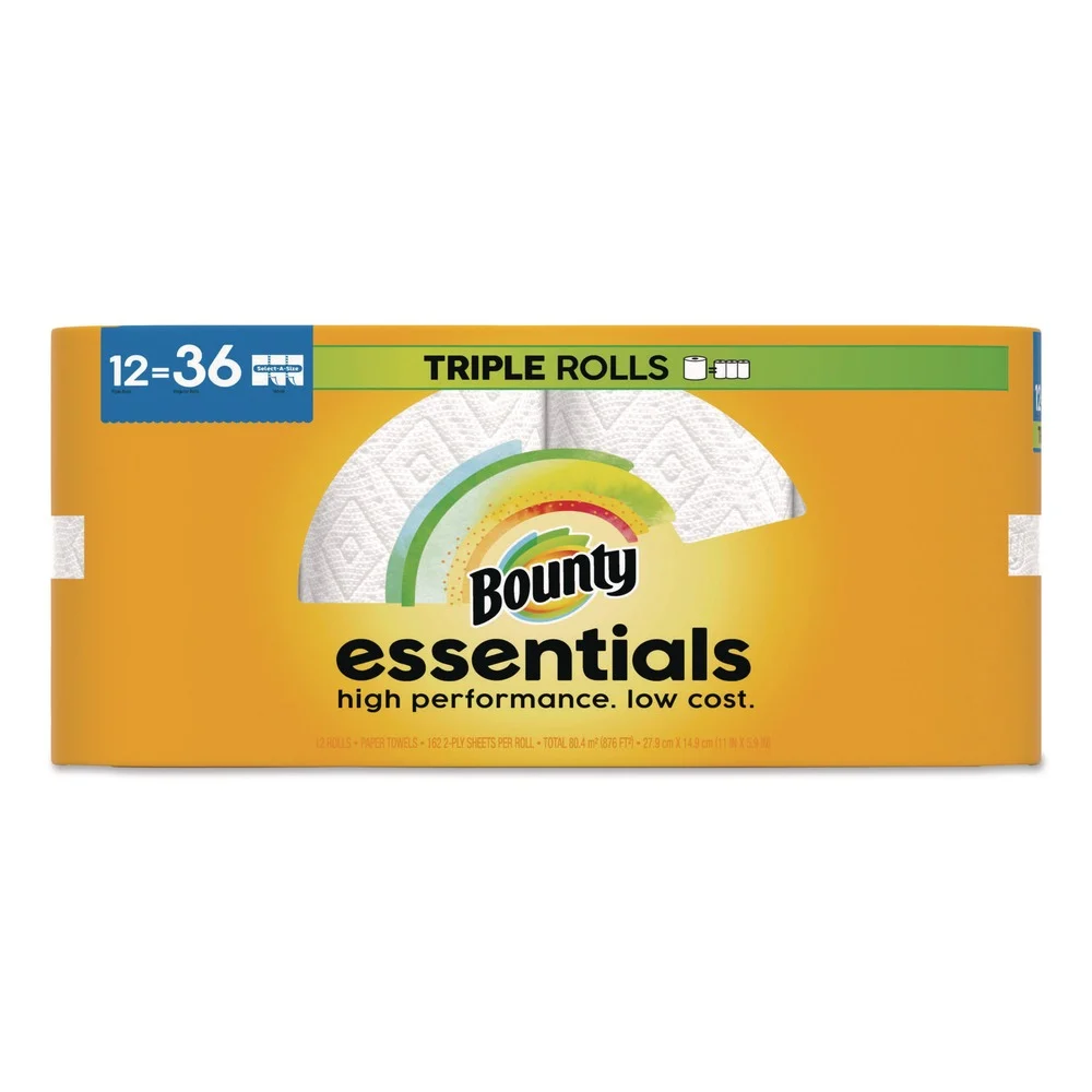 Bounty Essentials Select-A-Size Kitchen Roll Paper Towels, 2-Ply, 5.9 x 11, White, 162 Sheets/Triple Roll, 12 Rolls/Carton