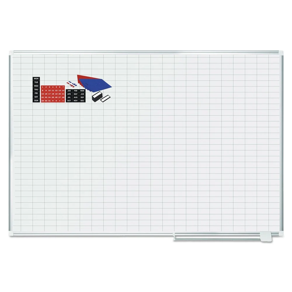 MasterVision 1 in. x 2 in. Grid 72 in. x 48 in. Aluminum Lacquered Steel Magnetic Dry Erase Planning Board with Accessories - White/Silver