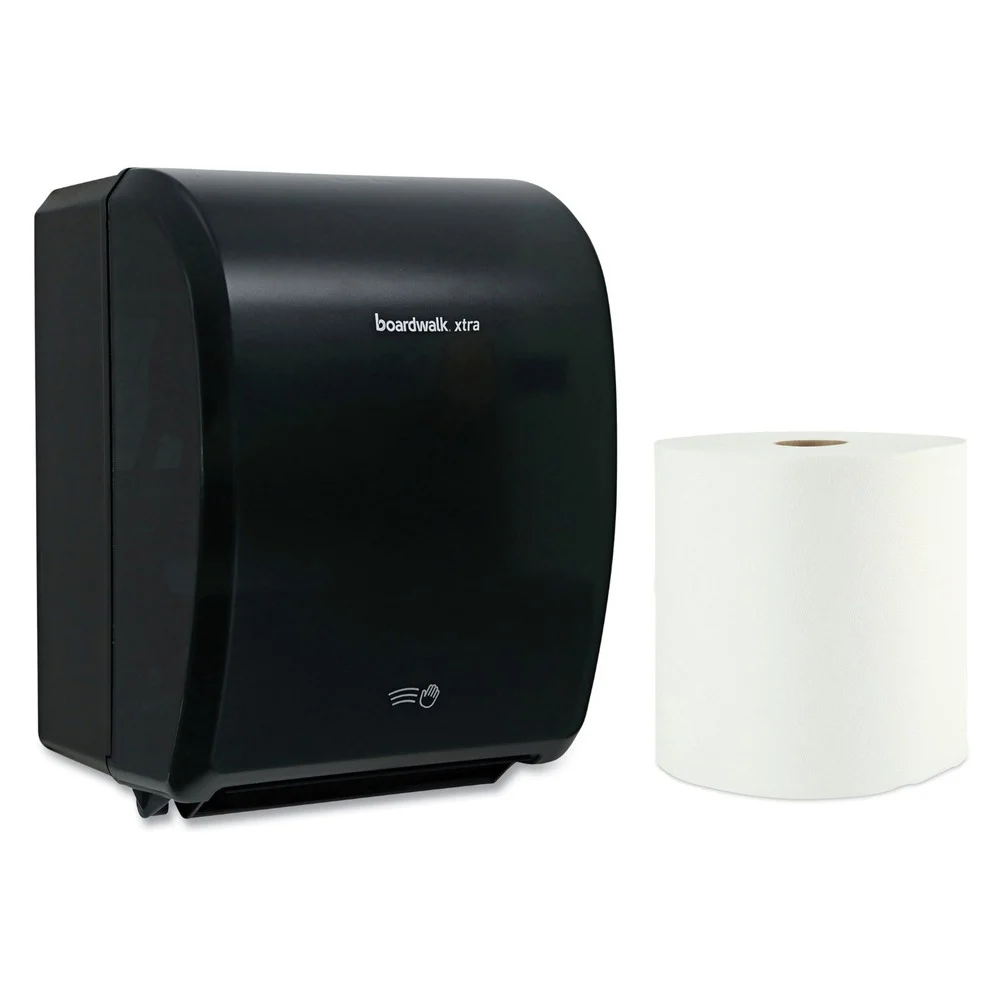 Boardwalk 12.31 in. x 9.31 in. x 15.94 in. Black Xtra Electronic Hand Towel Dispenser with 1-Ply 8 in. x 800 ft. White Xtra Roll Towels Bundle (6 Rolls/Carton)