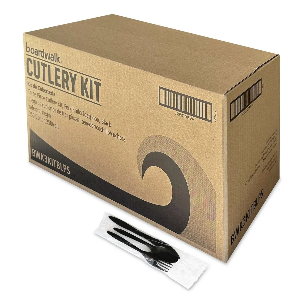 Boardwalk 3-Piece Polystyrene Fork/Knife/Teaspoon Cutlery Kit - Black (250/Carton)