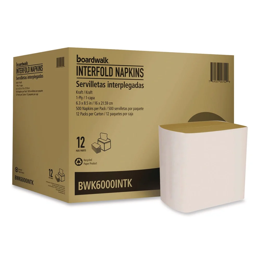 Boardwalk 6.3 in. x 8.5 in. 1-Ply Interfold Napkins - Kraft (12/Carton)