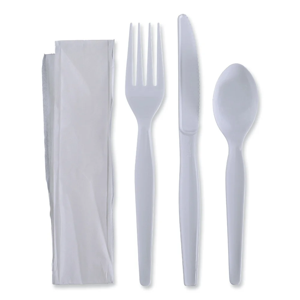 Boardwalk Heavyweight Fork/Knife/Napkin/Teaspoon 4-Piece Plastic Cutlery Kit - White (250/Carton)