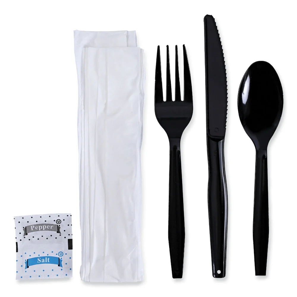 Boardwalk Mediumweight Fork/Knife/Napkin/Pepper/Salt/Spoon 6-Piece Plastic Cutlery Kit - Black (250/Carton)