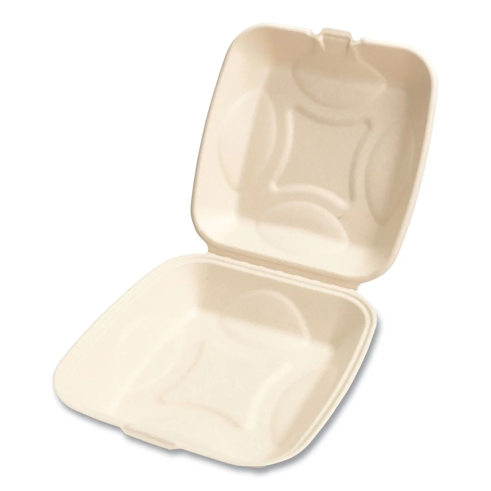 Boardwalk 9 in. x 9 in. x 3.19 in. Bagasse PFAS-Free Sugarcane Food Containers - Tan (100/Sleeve, 2 Sleeves/Carton)