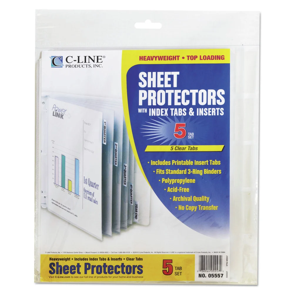 C-Line 3-Hole Punched Top Load 8.5 in. x 11 in. Insert Heavy-Duty Sheet Protectors with 5 Clear Index Tabs - Clear (5/Set)