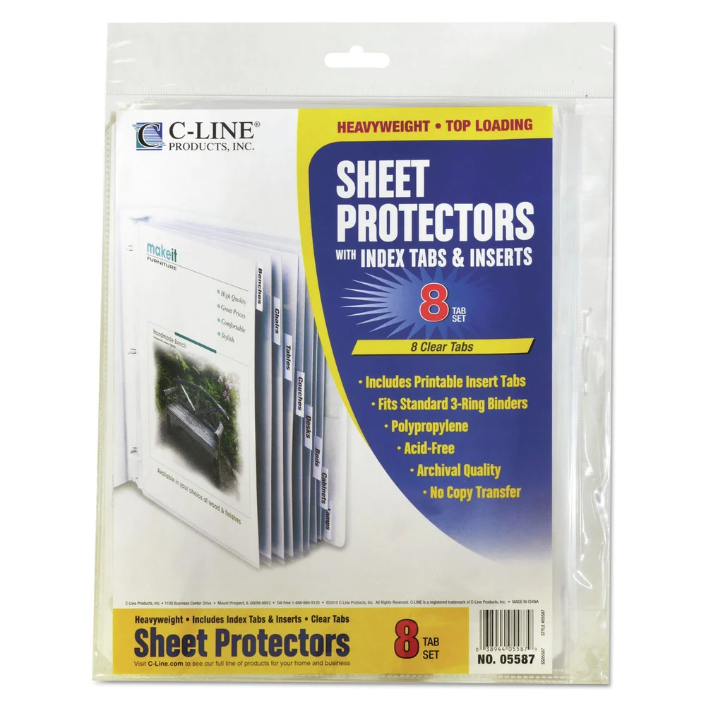 C-Line 3-Hole Punched Top Load 8.5 in. x 11 in. Insert Heavy-Duty Sheet Protectors with 8 Clear Index Tabs - Clear (8/Set)