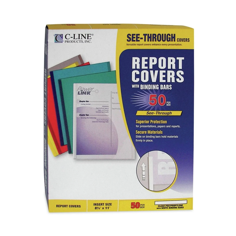 C-Line 32457 0.13 in. Capacity 8.5 in. x 11 in. Vinyl Report Covers with Binding Bars - Clear (50/Box)