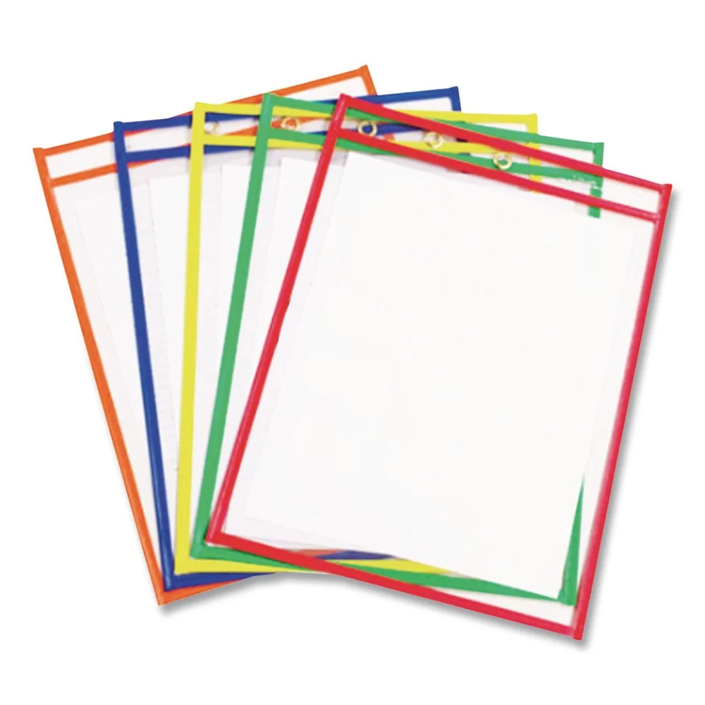 C-Line Super Heavy-Duty Top Load 9 in. x 12 in. Insert Reusable Dry Erase Pockets - Clear Front, Assorted Border Colors (5/Pack)