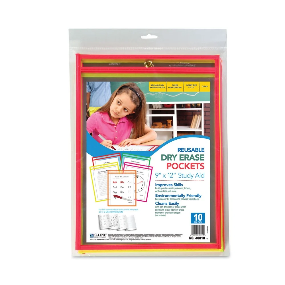 C-Line 40810 Super Heavy-Duty Top Load 9 in. x 12 in. Insert Reusable Dry Erase Pockets - Clear Front, Assorted Neon Border (10/Pack)