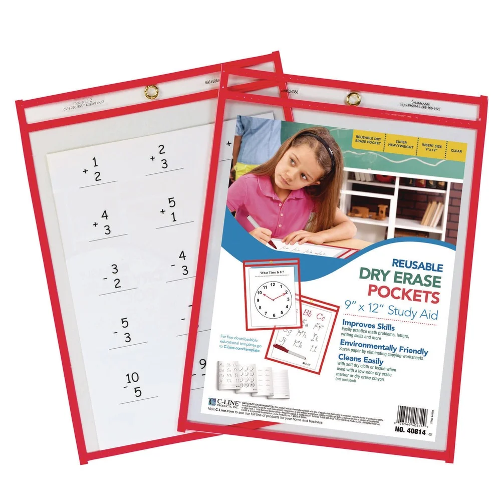 C-Line Super Heavy-Duty Top Load 9 in. x 12 in. Insert Reusable Dry Erase Pockets - Clear Front, Neon Red Border (30/Pack)