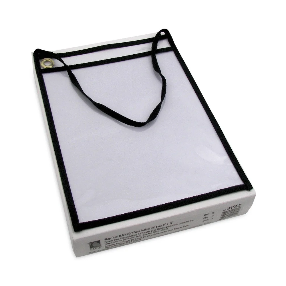 C-Line Super Heavy-Duty Top Load 9 in. x 12 in. Insert Stitched Shop Ticket Holders with 22 in. Hang Strap - Clear Front, Black Border (15/Box)