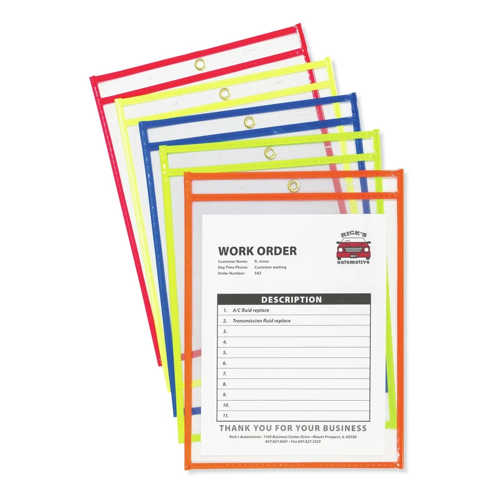 C-Line Super Heavy-Duty Top Load 9 in. x 12 in. Insert Neon Stitched Shop Ticket Holders - Clear Front, Assorted Neon Border Colors (10/Box)