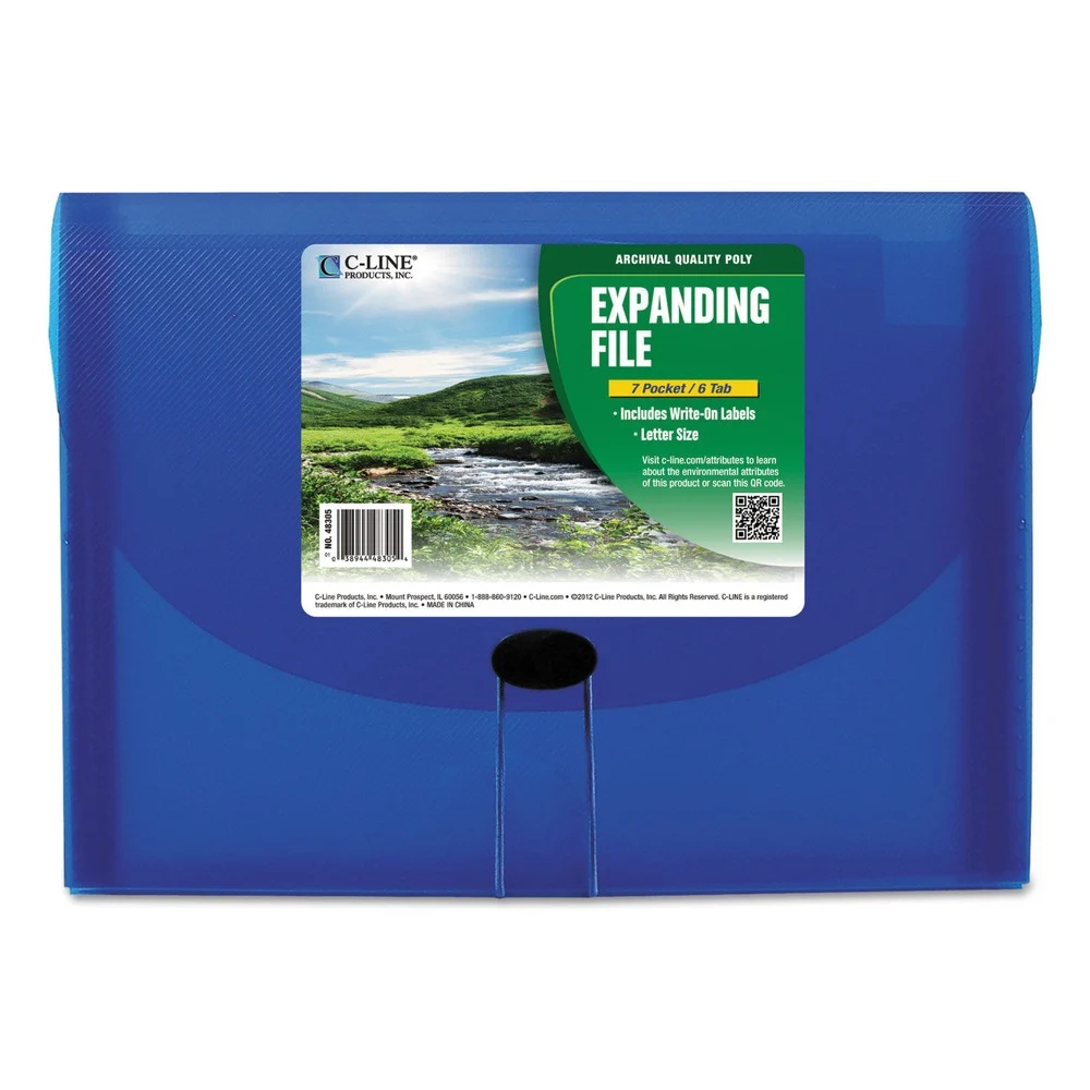 C-Line 48305 1.63 in. Expansion 7 Sections Cord/Hook Closure 1/6-Cut Tabs Letter Size Expanding Files - Blue
